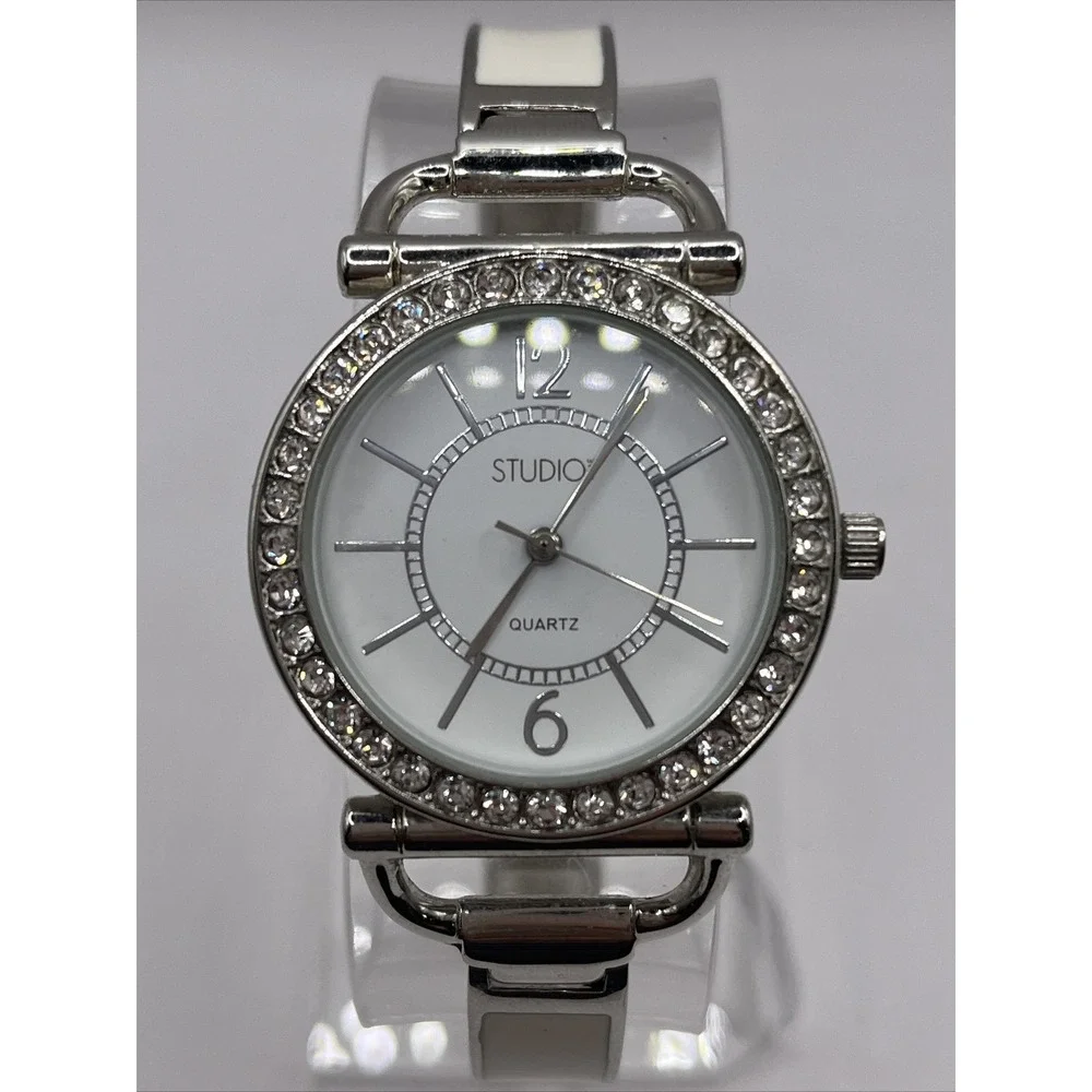Studio Time Women's Watch Rhinestone Bezel White Enamel‎ Band- New Battery